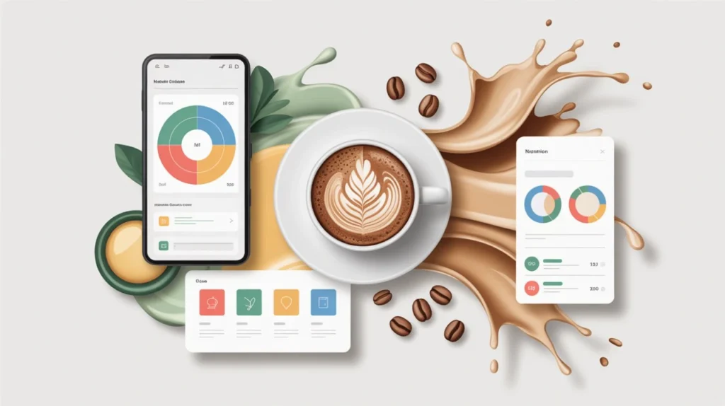 Starbucks Calorie Calculator 2026 dashboard illustration showing coffee nutrition tracking, customizable Starbucks drink calories, mobile app analytics, latte art coffee cup, and nutrition charts for understanding and managing Starbucks beverage intake.