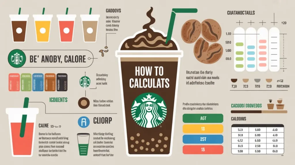 Starbucks calorie calculator infographic showing drink sizes, ingredients, syrups, and total calorie breakdown for coffee beverages.
