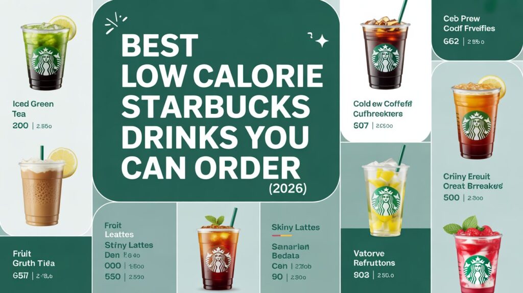 Best low calorie Starbucks drinks infographic showing iced tea, cold brew, skinny latte, and fruit refreshers with calorie information for 2026