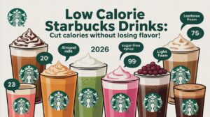 Low calorie Starbucks drinks infographic showing almond milk latte, cold brew, sugar-free syrup options, and light foam drinks with calorie values