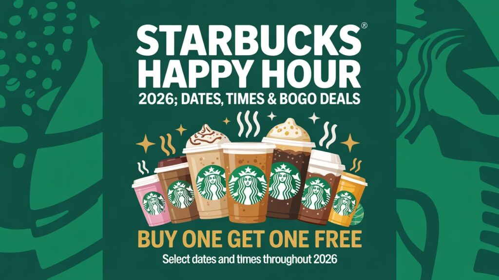 Starbucks Happy Hour 2026 poster showing BOGO deal with multiple coffee drinks and promotion dates and times