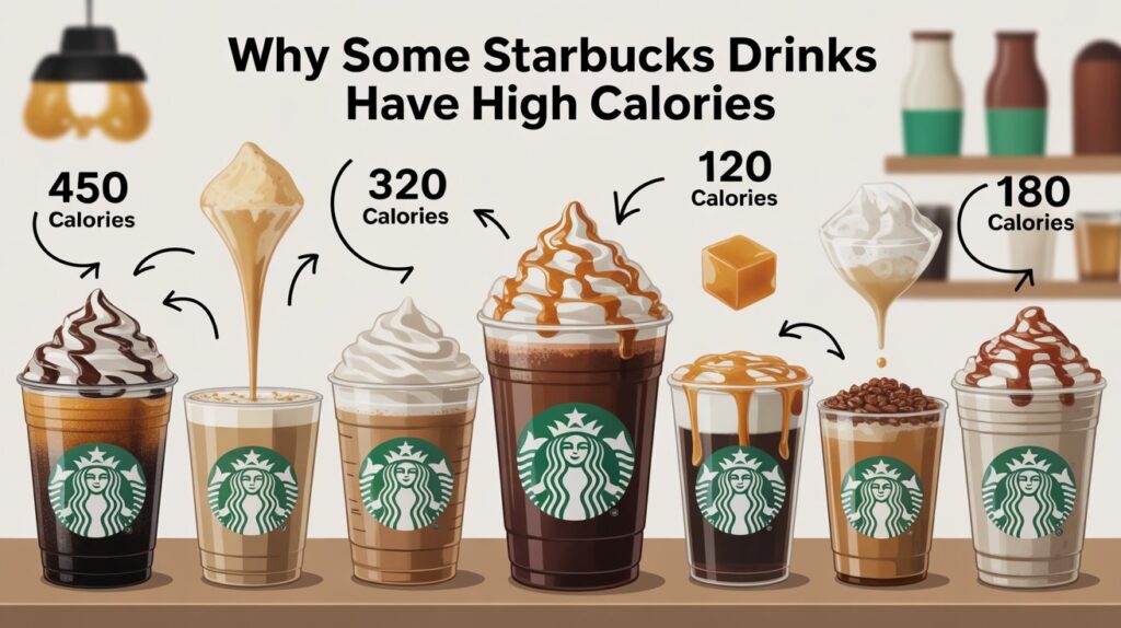 Low calorie Starbucks drinks guide 2026 featuring iced coffee almond milk latte, sugar-free latte, and cold brew with stevia.