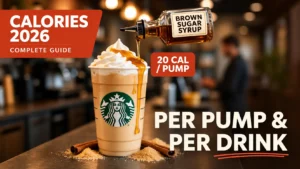 Brown Sugar Syrup Starbucks Calories 2026 Guide showing 20 calories per pump and calories per drink with whipped cream