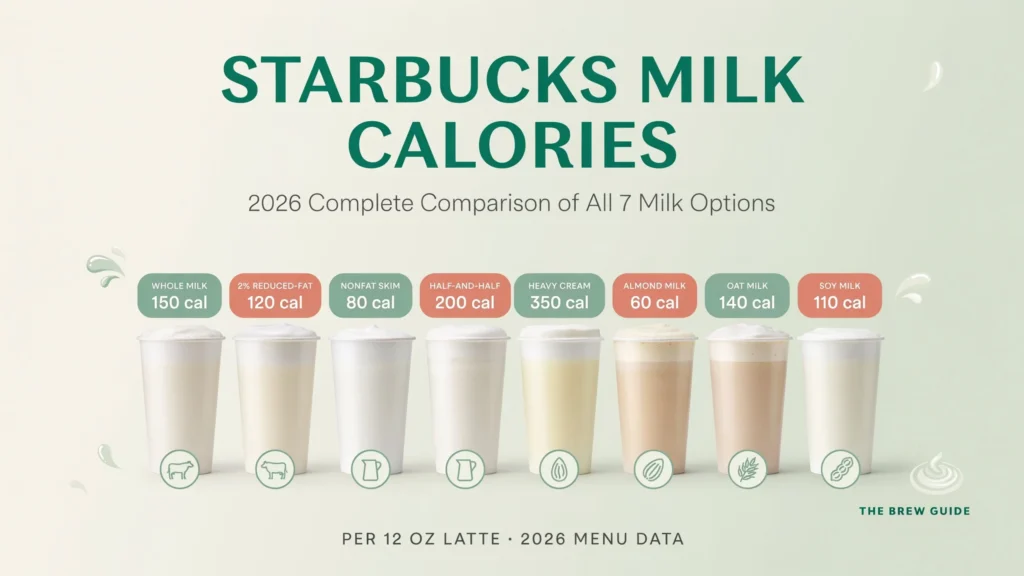 Starbucks milk calories comparison chart 2026 showing whole milk, 2% milk, nonfat skim, half-and-half, heavy cream, almond milk, oat milk, and soy milk calories per 12 oz latte.