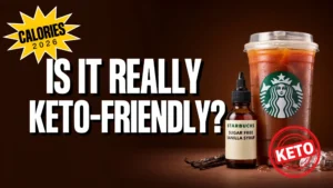 Starbucks keto-friendly iced coffee with sugar-free vanilla syrup, featuring a 2026 calories badge and keto stamp on a dark brown background.