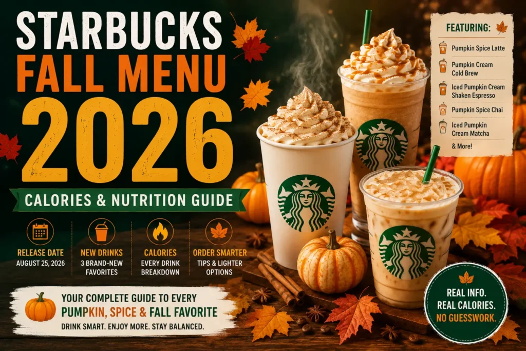 Starbucks Fall Menu 2026 calories and nutrition guide featuring Pumpkin Spice Latte, Pumpkin Cream Cold Brew and new drinks