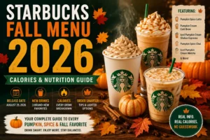 Starbucks Fall Menu 2026 calories and nutrition guide featuring Pumpkin Spice Latte, Pumpkin Cream Cold Brew and new drinks