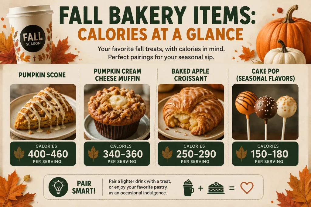 Starbucks Fall Menu 2026 bakery items calories chart - pumpkin scone, muffin, croissant and cake pop