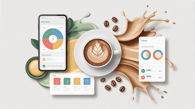 Starbucks Calorie Calculator 2026 dashboard illustration showing coffee nutrition tracking, customizable Starbucks drink calories, mobile app analytics, latte art coffee cup, and nutrition charts for understanding and managing Starbucks beverage intake.