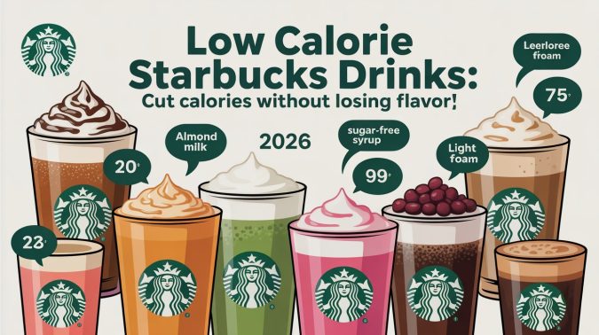 Low calorie Starbucks drinks infographic showing almond milk latte, cold brew, sugar-free syrup options, and light foam drinks with calorie values