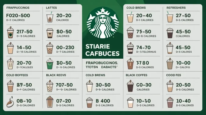Starbucks drinks calorie chart showing frappuccinos, lattes, cold brews, refreshers, and black coffee calorie ranges